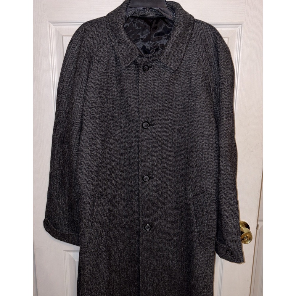 Jos A Bank Overcoat 42L Wool Alpaca Charcoal Black Herringbone Raglan Dress Coat